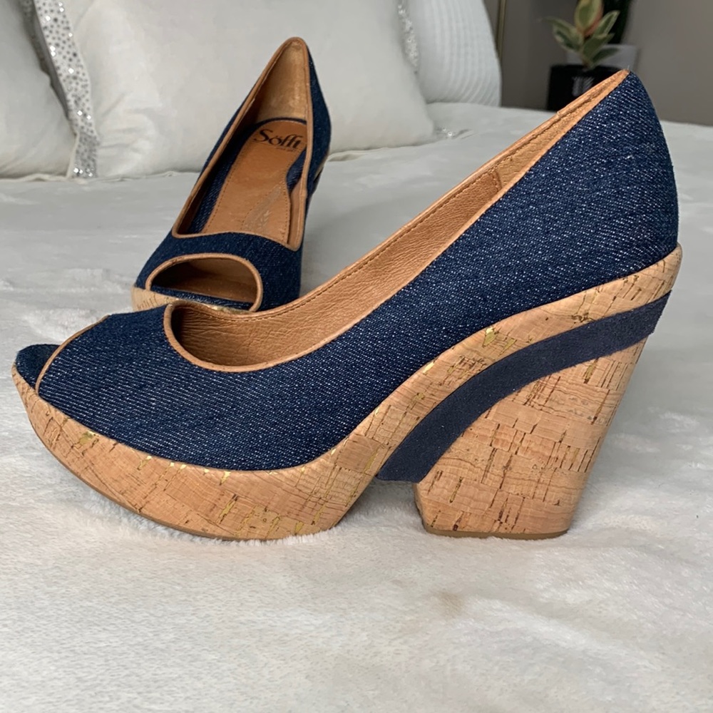 SOFFT Olivia dark blue denim platform cork retro style chunky  peep toe heel 7.5